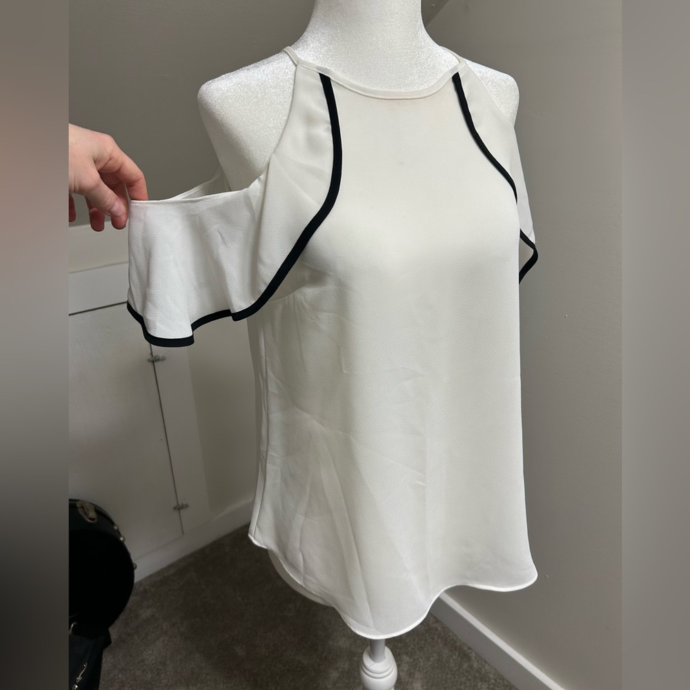 Amy Byer White Cold Shoulder Blouse with Black Trim